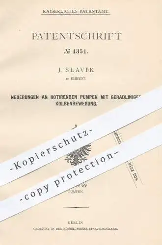 original Patent - J. Slavik in Rheydt , 1878 , rotierende Pumpe , Pumpen mit geradliniger Kolbenbewegung | Kolben !!