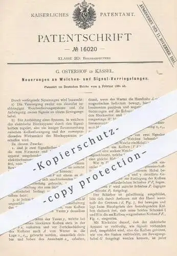 original Patent - G. Osterhof , Kassel , 1881 , Verriegelungen an Weichen u. Signalen | Eisenbahnen , Eisenbahn , Signal