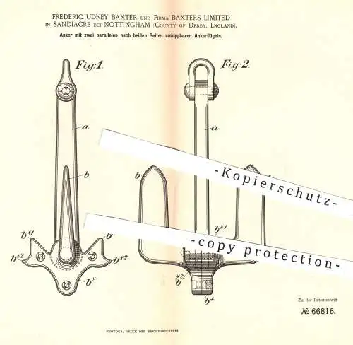 original Patent - Frederic Udney Baxter , Baxters Limited , Sandiacre Nottingham Derby, England , 1892 , Anker , Schiffe