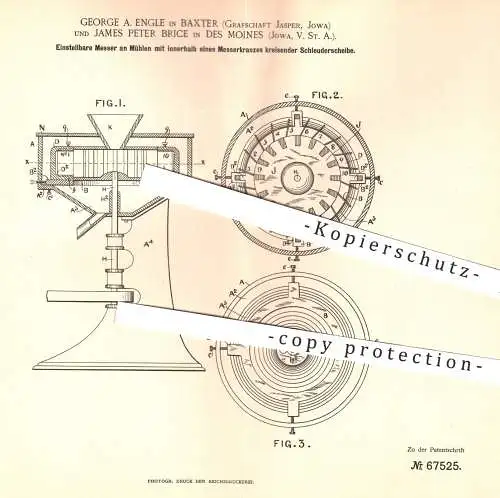 original Patent - George A. Engel , Baxter , Jasper Jowa, USA / James Peter Brice , Des Moines , 1891 , Messer an Mühlen