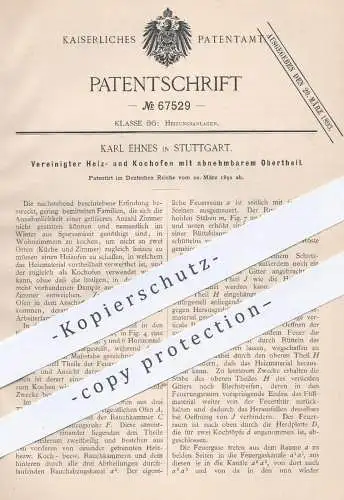 original Patent - Karl Ehnes , Stuttgart , 1892 , Heizofen u. Kochofen | Kochherd , Herd , Ofen , Öfen , Ofenbauer !!!