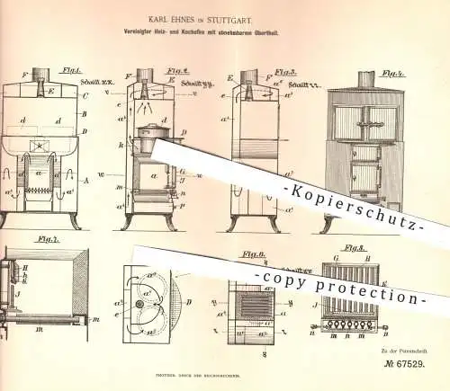 original Patent - Karl Ehnes , Stuttgart , 1892 , Heizofen u. Kochofen | Kochherd , Herd , Ofen , Öfen , Ofenbauer !!!