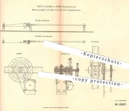 original Patent - Fritz Calons , Essen , Rheinpreussen , 1881 , Barrièren mit Läutewerk | Schlagbaum , Eisenbahnen !!