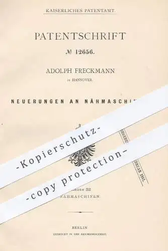 original Patent - Adolph Freckmann , Hannover , 1880 , Nähmaschine , Nähmaschinen | Nähen , Schneider , Schneiderei !!