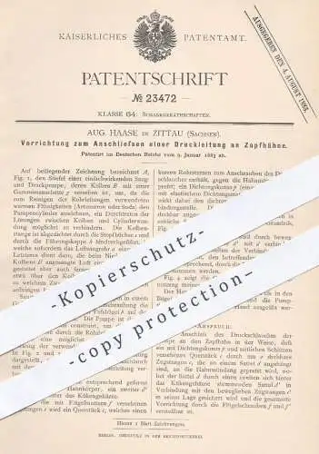 original Patent - Aug. Haase , Zittau , 1883 , Anschließen einer Druckleitung an Zapfhahn | Bier zapfen , Pumpe , Pumpen