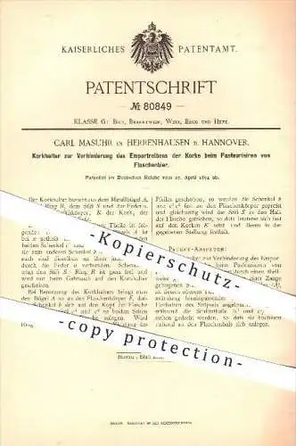 original Patent - C. Masuhr , Herrenhausen / Hannover  1894 , Korkhalter zum Pasteurisieren von Bier , Brauerei , Korken