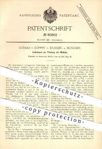 original Patent - Lothar v. Köppen , Krailing / München , 1894 , Instrument zur Teilung der Winkel , Kreis , Geometrie !