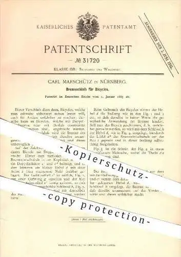 original Patent - Carl Marschütz in Nürnberg , 1885 , Bremsschloss für Bicycles , Schloss , Fahrrad , Fahrräder , Rad !!