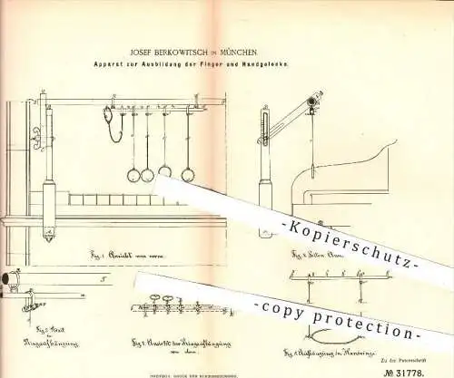 original Patent - J. Berkowitsch , München , 1884 , Ausbildung der Finger u. Handgelenke , Klaviatur , Klavier , Musik