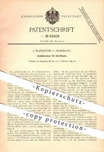 original Patent - J. Markmann in Hamburg , 1895 , Schließrahmen für Schriftsätze , Druck , Druckerei , Schriftsatz !!