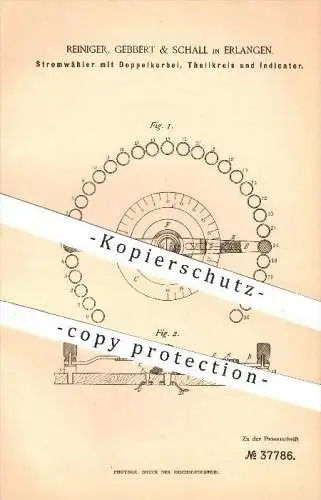 original Patent - Reiniger , Gebbert & Schall in Erlangen , 1886 , Stromwähler mit Doppelkurbel , Teilkreis & Indikator