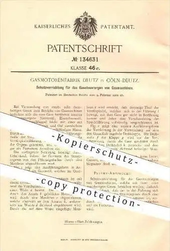 original Patent - Gasmotorenfabrik Deutz in Köln - Deutz , 1902 , Schutz für das Gassteuerorgan von Gasmaschinen , Motor