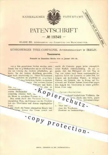 original Patent - Königsberger Thee - Compagnie AG in Berlin , 1882 , Teekonserve , Tee , Konserve , Nahrungsmittel !!