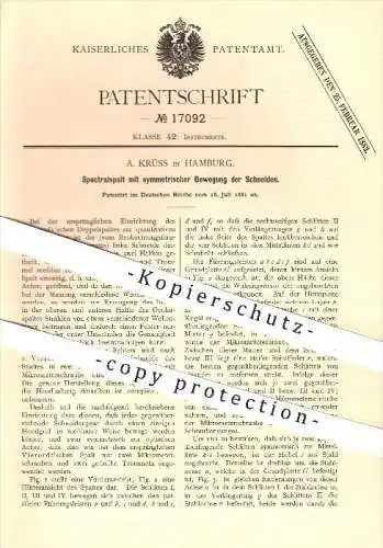 original Patent - A. Krüss in Hamburg , 1881 , Spektralspalt mit symmetrischer Bewegung der Schneiden , Vierrodt !!!