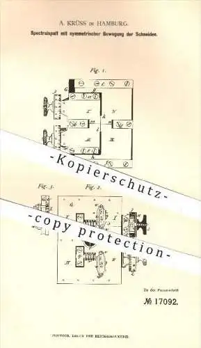 original Patent - A. Krüss in Hamburg , 1881 , Spektralspalt mit symmetrischer Bewegung der Schneiden , Vierrodt !!!