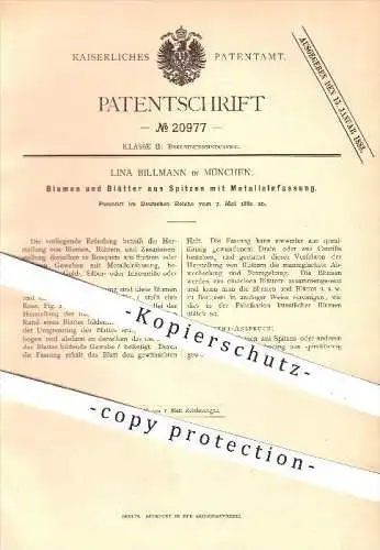 original Patent - Lina Billmann , München , 1882, Blumen & Blätter aus Spitze mit Metalleinfassung , Gewebe , Handarbeit