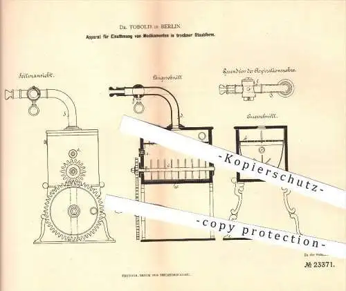 original Patent - Dr. Tobold in Berlin , 1882 , Einatmung vom Medikament in trockener Staubform , Medizin !!!