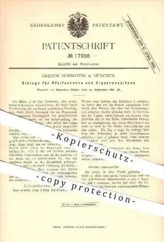 original Patent - Gregor Hornstein in München , 1881 , Einlage für Pfeifenrohre und Zigarrenspitzen , Pfeife , Zigarren