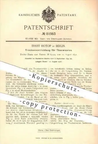 original Patent - Ernst Hotop in Berlin , 1894 , Trockenvorrichtung für Tonwaren , Ton , Trocken , Ringofen , Ofen !!!