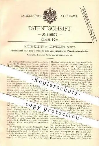 original Patent - Jacob Koepff in Göppingen , 1899 , Formkasten für Ziegel - Pressen , Presse , Formen , Ziegelei !!!