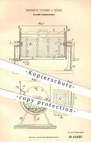 original Patent - Heinrich Vossen in Köln , 1888 , Kartoffel - Schälmaschine , Kartoffeln , Schäler , Hauswirtschaft !!