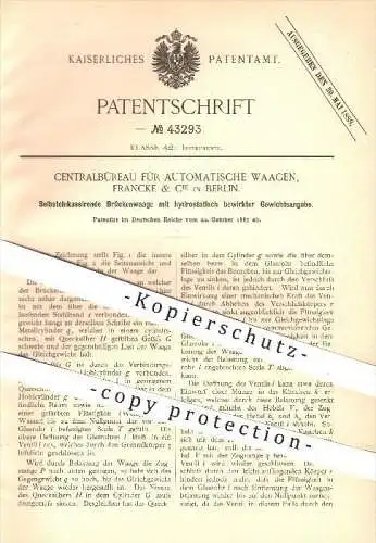 original Patent - Zentralbüro für Automatische Waagen Francke & Cie , Berlin , 1887 , Selbstkassierende Brücken - Waage