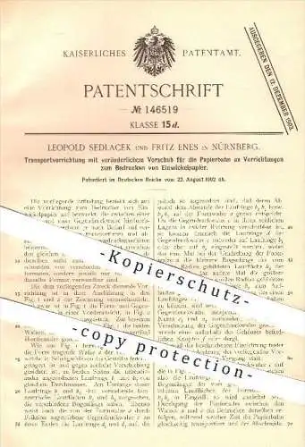 original Patent - Leopold Sedlacek , Fritz Enes , Nürnberg , 1902, Bedrucken von Einwickelpapier , Papier , Papierfabrik