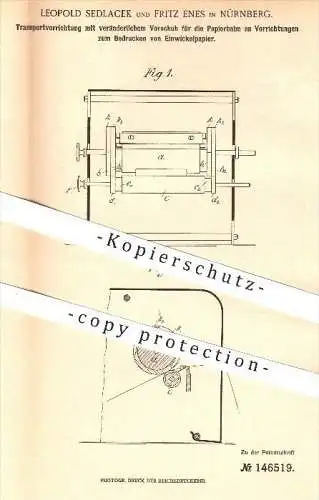 original Patent - Leopold Sedlacek , Fritz Enes , Nürnberg , 1902, Bedrucken von Einwickelpapier , Papier , Papierfabrik