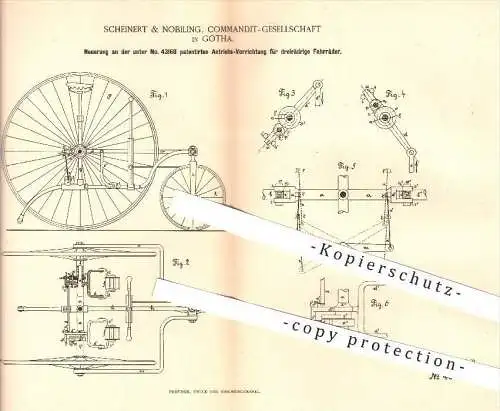 original Patent - Scheinert & Nobiling KG in Gotha , 1888 , Antrieb für dreirädrige Fahrräder , Fahrrad , Fahrzeugbau