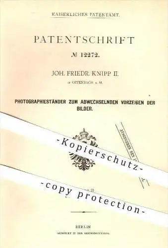 original Patent - Joh. Friedr. Knipp II. in Offenbach am Main , Ständer zum Darstellen von Fotos , Foto , Fotografie !