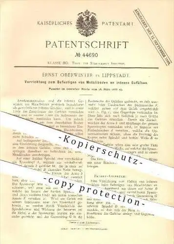 original Patent - Ernst Oberwinter , Lippstadt , 1888, Befestigen von Metallböden an Ton - Gefäßen , Tonwaren , Geschirr