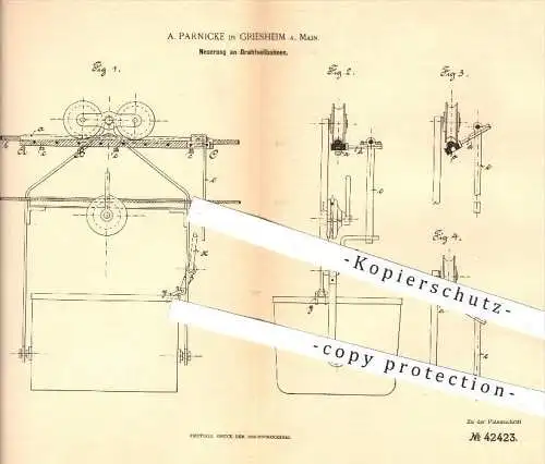 original Patent - A. Parnicke in Griesheim am Main , 1887 , Drahtseilbahn , Seilbahn , Seilbahnen , Bahn , Transport !!!