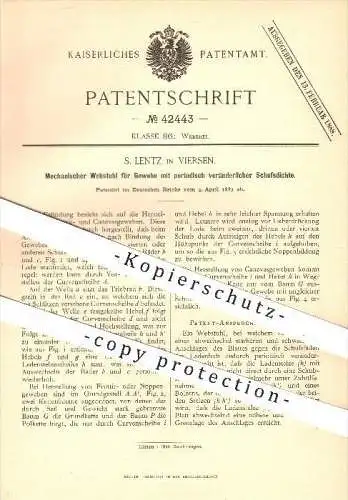 original Patent - S. Lentz in Viersen , 1887 , Mechanischer Webstuhl für Gewebe , Weberei , Weben , Weber !!!