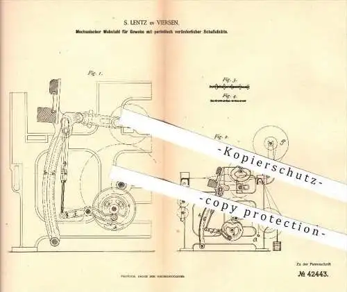 original Patent - S. Lentz in Viersen , 1887 , Mechanischer Webstuhl für Gewebe , Weberei , Weben , Weber !!!