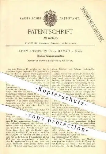 original Patent - Adam Joseph Zilg in Hanau am Main , 1887 , Straßen - Reinigungsmaschine , Straßenreinigung !!!