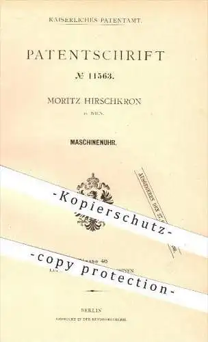 original Patent - Moritz Hirschkron in Wien , 1879 , Maschinenuhr , Uhr , Uhrwerk , Uhren , Uhrmacher !!!