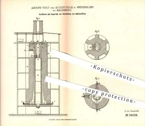 original Patent - Adolph Vogt & August Figge , Westerhusen , Magdeburg , 1884 , Darstellung von Alkalisulfaten , Alkali