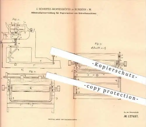 original Patent - J. Scheffer - Hoppenhöfer , Sundern , 1901 , Höhenschalter für Papierwalzen von Schreibmaschinen !!!