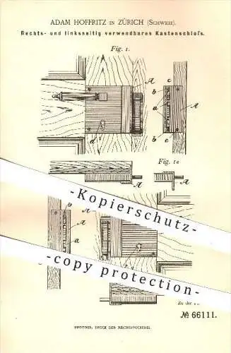 original Patent - Adam Hoffritz , Zürich , Schweiz , 1891, Rechts- o. linksseitiges Kastenschloss , Schloss , Türschloss