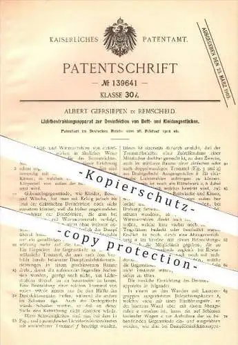 original Patent - Albert Giersiepen in Remscheid , 1902 , Lichtbestrahlung zur Desinfektion von Betten u. Kleidung !!!