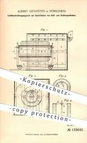 original Patent - Albert Giersiepen in Remscheid , 1902 , Lichtbestrahlung zur Desinfektion von Betten u. Kleidung !!!