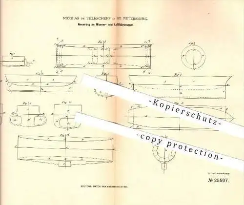 original Patent - Nicolas de Telescheff in St. Petersburg , 1883 , Wasser- und Luftfahrzeuge , Luftschiff , Russland !!!