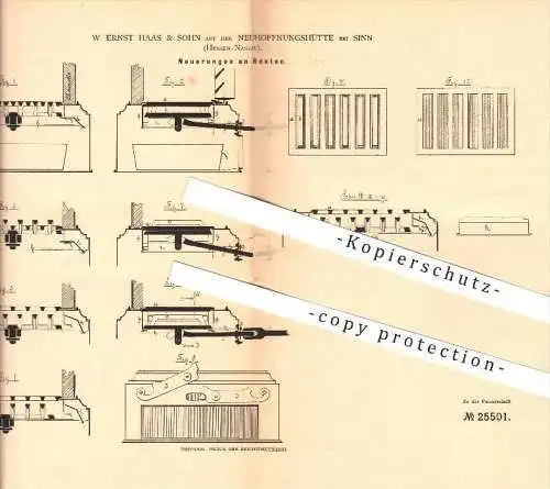 original Patent - W. Ernst Haas & Sohn auf der Neuhoffnungshütte bei Sinn , 1883 , Rost , Ofenrost , Ofenbau , Ofen !!!