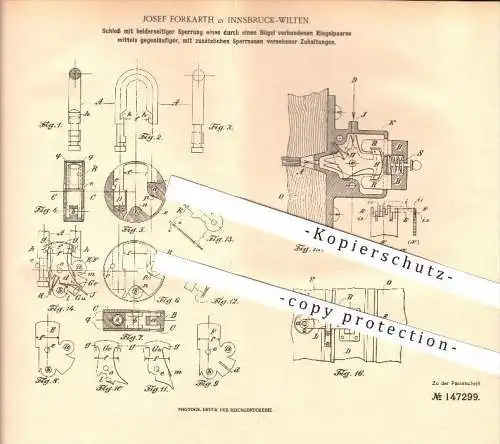 original Patent - Josef Forkarth in Innsbruck-Wilten , 1902 , Schloss mit beiderseitiger Sperrung , Türschloss , Tür !!!