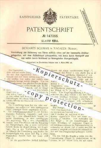 original Patent - Benjamin Schwab in Nogales , Mexico , 1902 , Sicherung von Türen , Tür , Tischler , Türschloss !!!