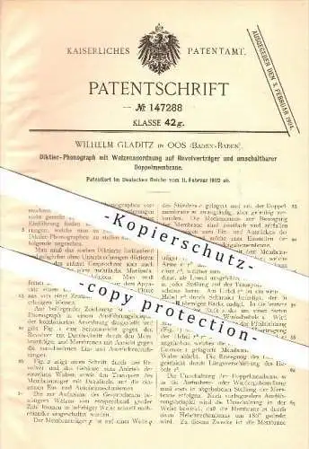 original Patent - Wilhelm Gladitz in Oos , 1902 , Diktier-Phonograph mit Walzenanordnung , Baden-Baden !!!