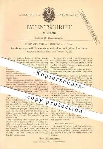 original Patent - E. Stückrath in Limburg a. d. Lahn , 1883 , Umsteuerung mit Expansionsschieber , Dampfmaschinen !!!