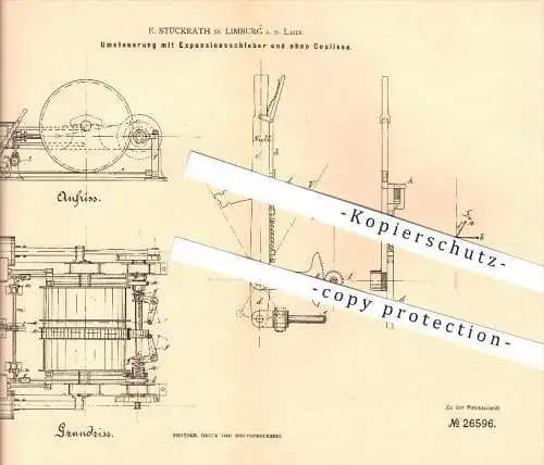 original Patent - E. Stückrath in Limburg a. d. Lahn , 1883 , Umsteuerung mit Expansionsschieber , Dampfmaschinen !!!