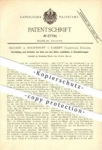 original Patent - Richard de Soldenhoff in Cardiff , Glamorgan , 1892 , Verladen von Koks aus Eisenbahnen , Eisenbahn !!