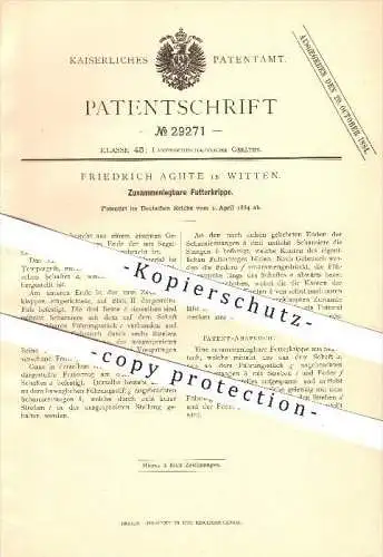 original Patent - Friedrich Aghte in Witten , 1884 , Zusammenlegbare Futterkrippe , Futtertrog , Landwirtschaft , Tiere